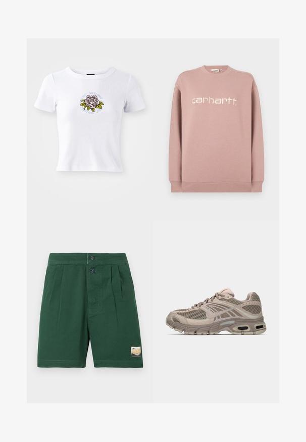 Lyserød sweatshirt lavet af blødt stof, med rund halsudskæring og ribbet manchetter. Fronten viser et hvidt broderet logo: "carhartt."; Hvid kortærmet t-shirt med tætsiddende design, som har et centreret broderet rosen grafisk motiv og cirkulær tekst omkring blomsten.; Mørkegrønne foldede shorts med to knapper foran og et lille rektangulært mærke på venstre ben nær kanten.; Beige sportssko med mesh-overdel, formede detaljer, rund tå og synlig luftdækning i sålen. Snørebånd i neutral farve.