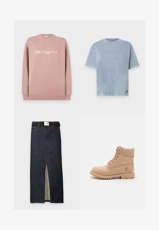 Sweat-shirt rose clair en tissu doux, avec un col rond et des poignets côtelés. Le devant présente un logo brodé blanc : "carhartt."; T-shirt en coton bleu clair avec manches courtes, col rond et ourlet cousu. Présente une petite étiquette logo en bas à gauche.; Jupe midi en denim bleu foncé avec une fente frontale. Dotée de coutures jaunes et d'une ceinture noire avec une boucle argentée. Design simple et droit.; Timberland PREMIUM - Bottines à lacets - light beige