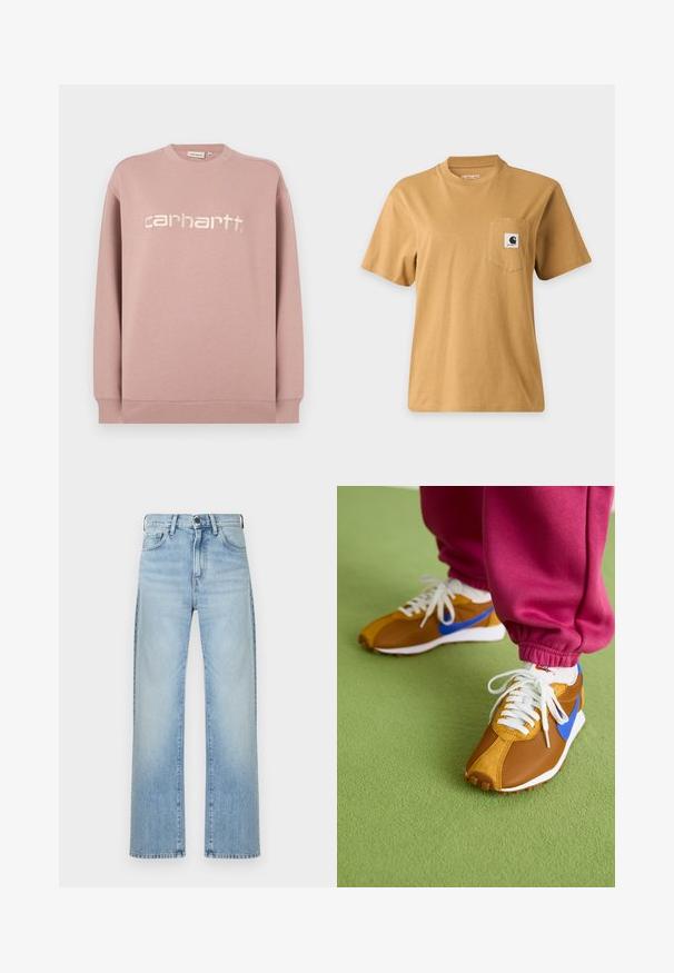 Lichtroze sweatshirt van zachte stof, met een ronde hals en geribde manchetten. Vooraan staat een wit geborduurd logo: "carhartt."; Effen bruine T-shirt met korte mouwen en een borstzakje met een vierkante merklogo-patch, getoond op een effen lichte achtergrond.; Lichtblauwe jeans met hoge taille en rechte pijpen, voorzien van een knoopsluiting aan de voorkant, ritssluiting en een ontwerp met vijf zakken, afgebeeld op een effen achtergrond.; Bruine en blauwe sneakers gemaakt van een mix van mesh en suede materialen, voorzien van witte veters en een getextureerde bruine zool, gepositioneerd op een groene vloer.