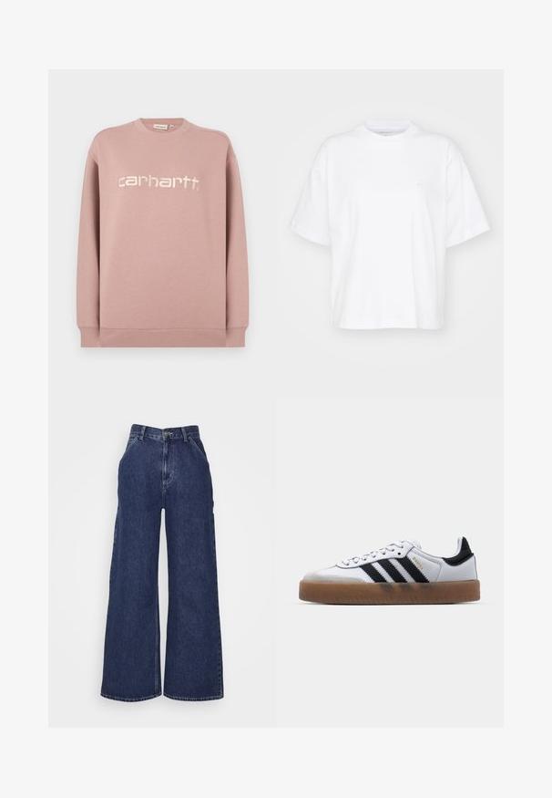 Lichtroze sweatshirt van zachte stof, met een ronde hals en geribde manchetten. Vooraan staat een wit geborduurd logo: "carhartt."; Witte katoenen t-shirt met een ronde hals, korte mouwen en een ontspannen pasvorm. Heeft een subtiel logo op het linkerborstgedeelte. Zachte textuur.; Brede denim jeans in donkerblauw, met een hoge taille, zijzakken en een ritssluiting met een metalen knop. Gladde textuur en klassiek ontwerp.; Witte leren sneakers met zwarte strepen, gumrubberen buitenzool, ronde neus, vetersluiting en een zachte grijze suède neuskap.
