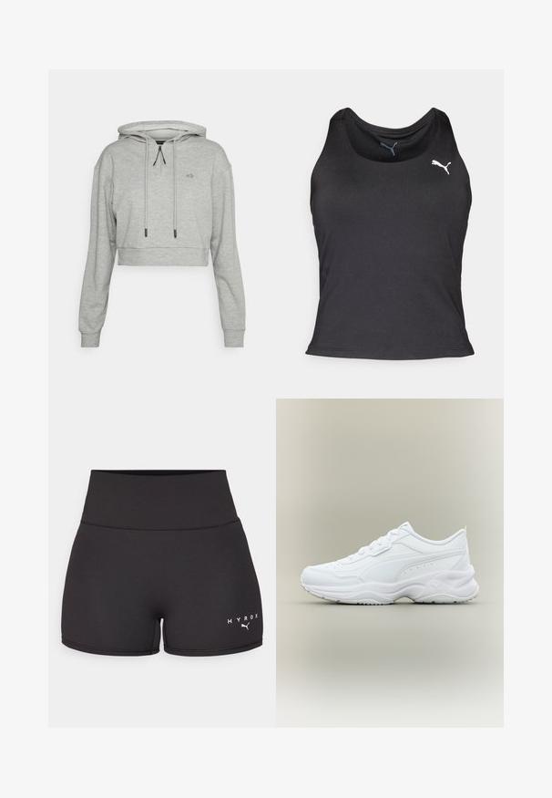 Even&Odd active Kapuzenpullover - grey; Schwarzes sportliches Tanktop, ärmelloses Design, glattes Material, runder Halsausschnitt, mit kleinem weißen Puma-Logo auf der linken Brustseite.; Schwarze Sportshorts aus dehnbarem Material. Hohe Taille mit weißem "HYROX"-Text und Logo auf der linken unteren Seite. Glatte Textur.; Weißer niedriger Sportschuh mit Schnürung vorne, strukturierter Sohle und dezentem genähtem Design auf glattem Obermaterial.