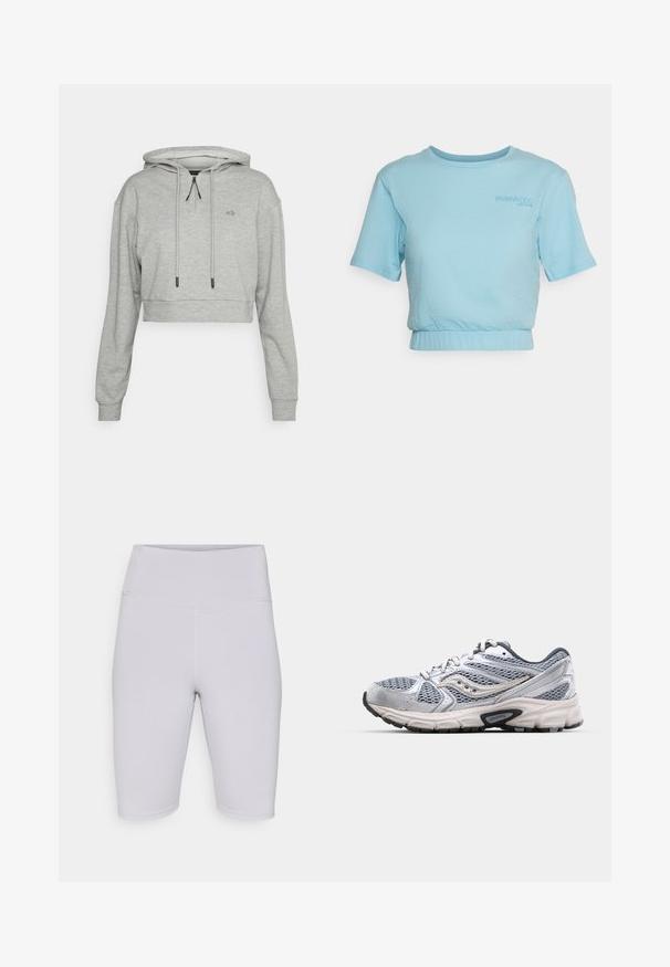 Even&Odd active by Zalando Hættetrøje - grey; Even&Odd active by Zalando T-shirts basic - light blue; Lys grå cykelshorts lavet af strækbart stof, med en høj talje og en glat tekstur uden synlige mønstre eller detaljer.; Sølv løbesko med mesh-overdel, polstret sål og grå accenter. Har en rund tå og snørebåndsdesign. Branded logo synlig.
