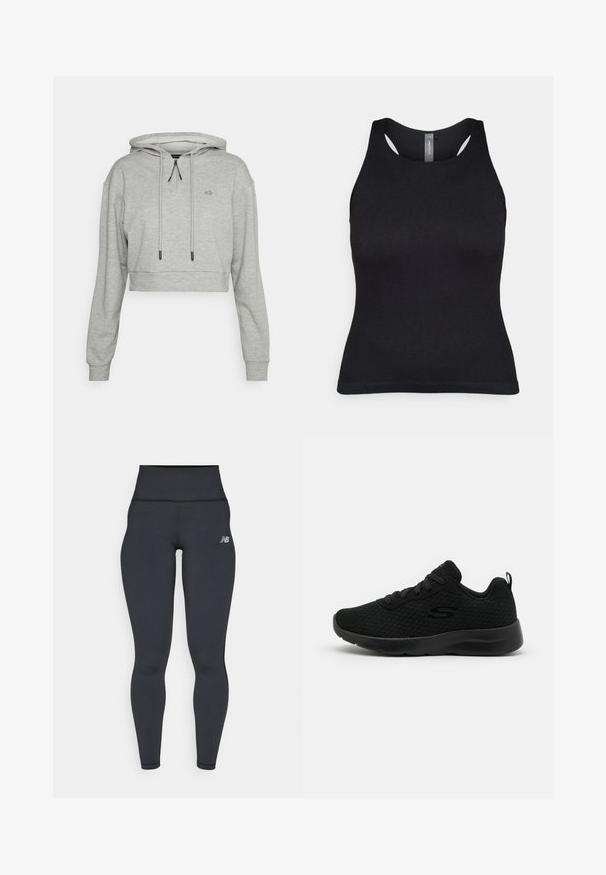 Even&Odd active Huppari - grey; Musta ribbed-mahkan, jossa on istuva muotoilu, pyöreä kaula-auko ja urheilullinen selkäosa. Valmistettu sileästä, teksturoidusta kankaasta, jossa ei ole näkyviä kuvioita.; Mustat korkeavyötäröiset urheiluleggingsit, joissa on tiukka muotoilu, sileä pinta ja pieni valkoinen logo vasemmassa lantiossa.; Mustat urheilukengät, joissa on verkkomateriaali, pehmustettu kaulus, nauhakiinnitys ja teksturoitu kumipohja. Yksinkertainen ja virtaviivainen siluetti.