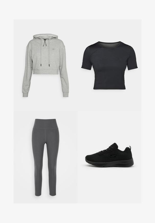 Even&Odd active by Zalando Sweat à capuche - grey; Crop top noir à manches courtes fabriqué en tissu lisse et extensible, avec un col rond et de subtiles détails de coutures au niveau des épaules.; Leggings taille haute gris fabriqués en tissu extensible et lisse avec des coutures plates et un design ajusté, adaptés pour des activités sportives ou des tenues décontractées.; Baskets de sport noires avec une tige en mesh, un col rembourré, un design à lacets et une semelle en caoutchouc texturé. Silhouette simple et épurée.