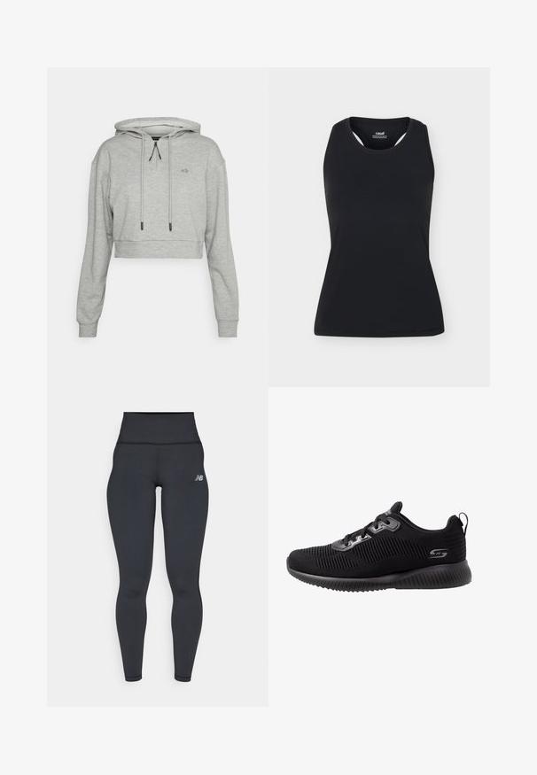 Even&Odd active by Zalando Kapuutsiga pusa - grey; Must varrukateta spordisärk ümmarguse kaeluse ja racerback-disainiga, esitatud heledal ühtlasel taustal.; Mustad kõrge vöökohtadega treeningpüksid, millel on läikiv disain, sile tekstuur ja väike valge logo vasakul puusal.; Mustad mustad kingad tekstuurse kudumisega pealsega, lipsukujundus, pehmendatud krae ja pehme kummist talla küljes soonelised detailid.