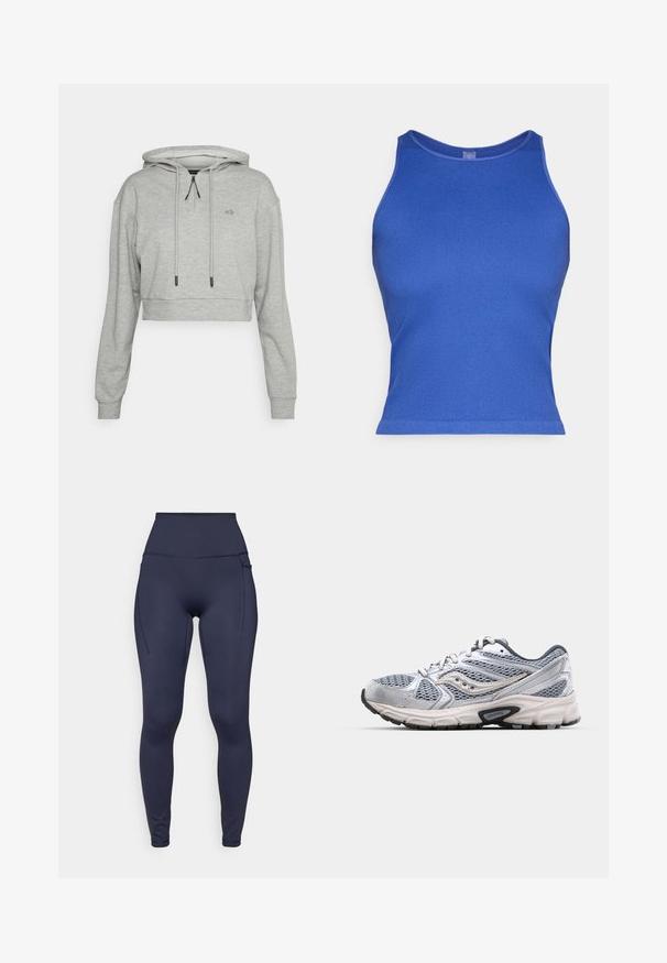 Even&Odd active by Zalando Sweat à capuche - grey; Débardeur bleu à côtes avec un design ajusté, encolure ronde et sans manches. Tissu lisse avec un léger éclat, sans logos ou motifs visibles.; Leggings taille haute navy en tissu extensible, avec un design épuré, des poches latérales et des coutures plates pour plus de confort.; Bottine de course argentée avec tige en mesh, semelle rembourrée et accents gris. Dotée d'un bout arrondi et d'un design à lacets. Logo de la marque visible.