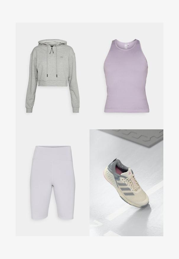 Even&Odd active by Zalando Jersey con capucha - grey; Top de tirantes color lilac con un cuello alto y una silueta ajustada. Textura suave, sin patrones o adornos visibles.; Bermudas de ciclismo gris claro, fabricadas con un tejido elástico, con una cinturilla alta y una textura suave sin patrones o acentos visibles.; Zapatilla deportiva beige con acentos grises, parte superior de malla y suela texturizada. Cuenta con tres rayas grises y detalles interiores en rosa.