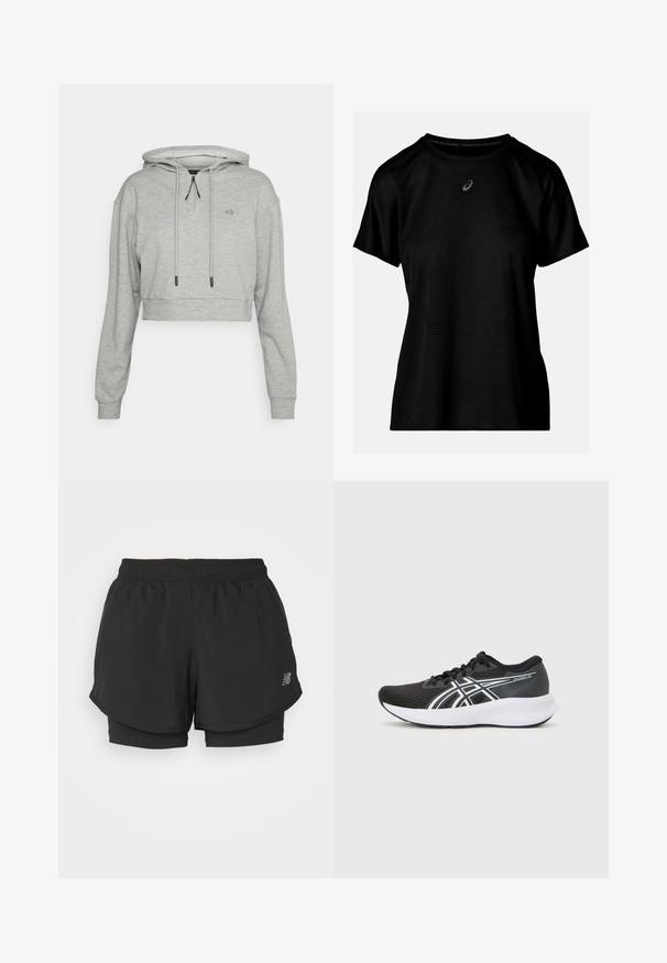 Even&Odd active Sweat à capuche - grey; T-shirt de sport noir à manches courtes, avec un motif géométrique texturé, un col rond et un petit logo sur la poitrine.; Shorts de sport noirs avec une taille élastique, présentant un design superposé et une doublure intérieure. Le tissu semble léger et lisse.; Baskets de sport noires avec une tige en maille texturée, accents blancs et une semelle blanche rembourrée. Présente un logo sur le côté et des lacets.