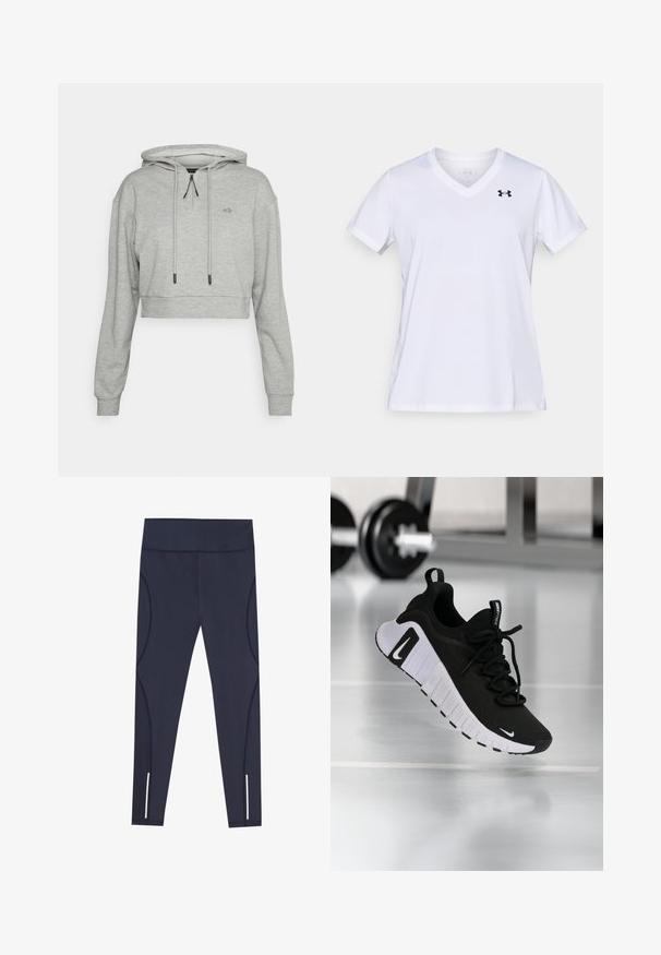 Even&Odd active Mikina s kapucňou - grey; Biele krátke tričko s výstrihom do V a krátkymi rukávmi, vyrobené z bavlnenej zmesi, s čiernym logom v hornej ľavej časti. Hladká textúra a pravidelný strih.; Námornícke modré legíny vyrobené z elastickej tkaniny, s vysokým pásom a zakrivenými bočnými švami, s reflexnými prvkami na okrajoch členkov.; Čierna športová obuv s textúrovaným horným materiálom, bielou podrážkou a výrazným systémom šnurovania. Obsahuje logo Nike a má mäkký, tlmený dizajn.