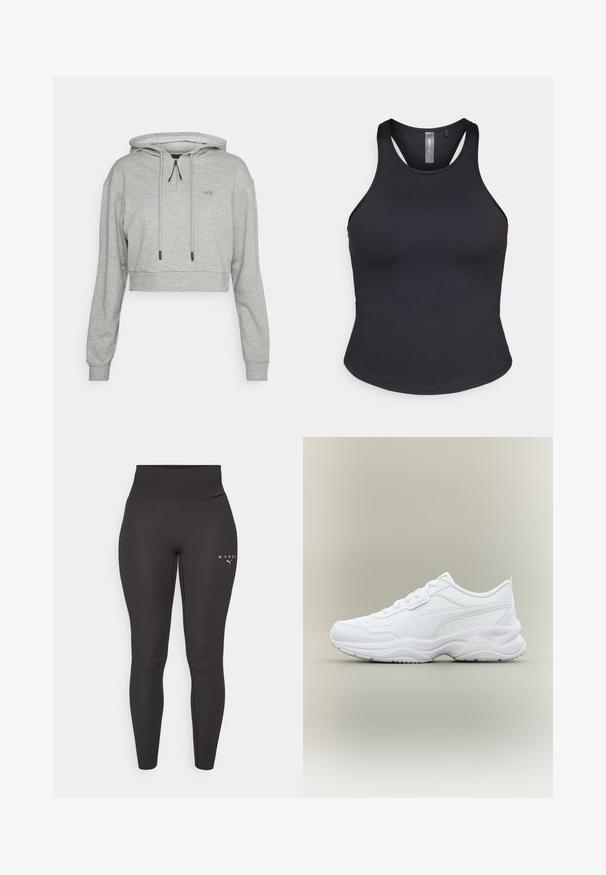 Even&Odd active by Zalando Mikina s kapucňou - grey; ONLY Play ONPSANA SHORT - Top - black; Čierne športové legíny vyrobené z elastického materiálu, s vysokým pásom a decentným logom na ľavej nohe. Hladká textúra.; Biela nízka atletická teniska s predným šnurovaním, textúrovanou podrážkou a jemným šitým dizajnom na hladkom vrchnom materiáli.