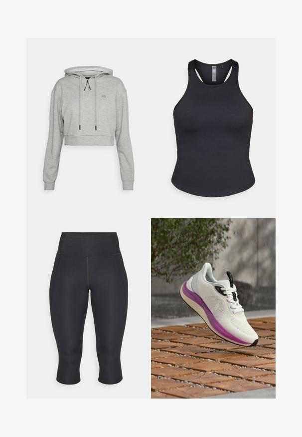 Even&Odd active by Zalando Mikina s kapucňou - grey; ONLY Play ONPSANA SHORT - Top - black; Čierne capri legíny vyrobené z elastického materiálu. Vysoký pás s bočnými švami a upraveným lemom, hladká textúra, bez viditeľných vzorov.; Biely športový topánok s fialovou podrážkou a čiernymi akcentmi plávajúci nad dreveným roštom vonku pri betónovej stene a zelených rastlinách.