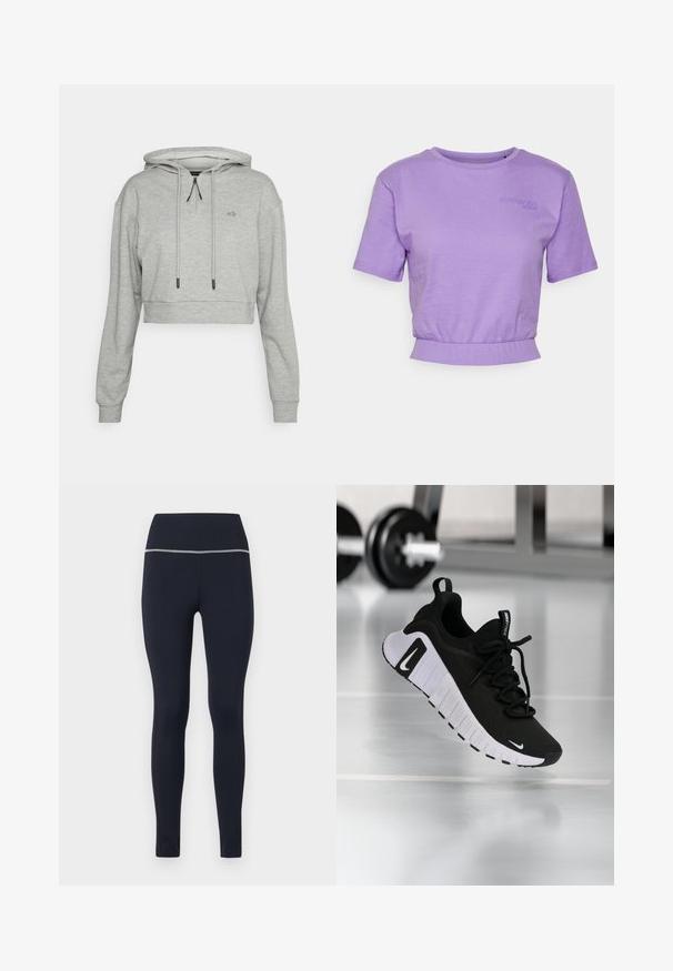 Even&Odd active by Zalando Kapuzenpullover - grey; Even&Odd active by Zalando T-Shirt basic - lilac; Marineblaue enganliegende Leggings aus dehnbarem Stoff, mit einem breiten Bund, der oben mit einem reflektierenden Besatz versehen ist, um die Sichtbarkeit zu erhöhen.; Schwarzer Sportschuh mit strukturiertem Stoffobermaterial, weißer Sohle und auffälligem Schnürsystem. Verfügt über ein Nike-Logo und ein weiches, gepolstertes Design.