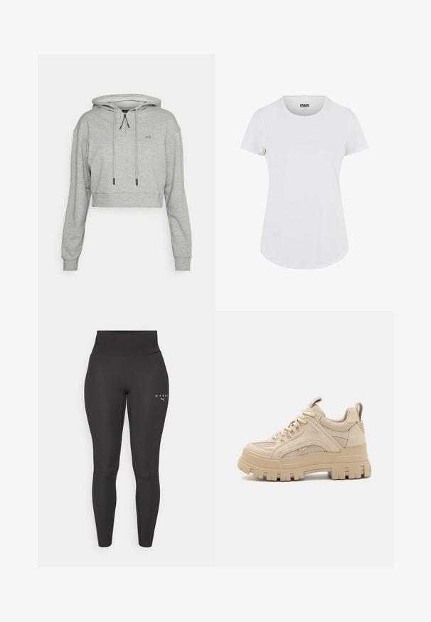 Even&Odd active Hoodie - grey; Witte T-shirt met korte mouwen en een ronde hals, gemaakt van zachte stof. Heeft een licht gebogen zoom en een minimalistisch ontwerp.; Zwarte sportleggings van rekbaar materiaal, met een hoge tailleband en subtiele logo-opdruk aan de linkerpijp. Gladde textuur.; Beige chunky sneakers met een mix van mesh en suede materialen, voorzien van een dikke zool en opvallende profiel, vetersluiting en merkdetails.