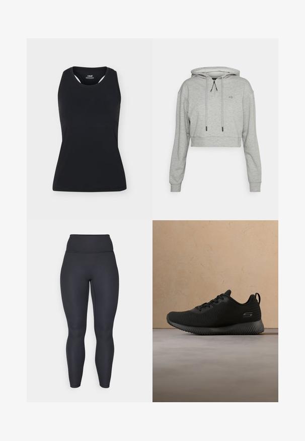 Even&Odd active Hættetrøje - grey; Sort ærmeløs sportstanktop med rund halsudskæring og bryderryg, vist på ensfarvet lyst baggrund.; Høj taljede sorte ribbede leggings med en tætsiddende design, glat tekstur og fuldlængde pasform. Har en bred talje for støtte.; Sorte sportsko med tekstureret overdel, rund tå og snørebånd. Har en polstret sål og en løkke i hælen for nem påtagning.