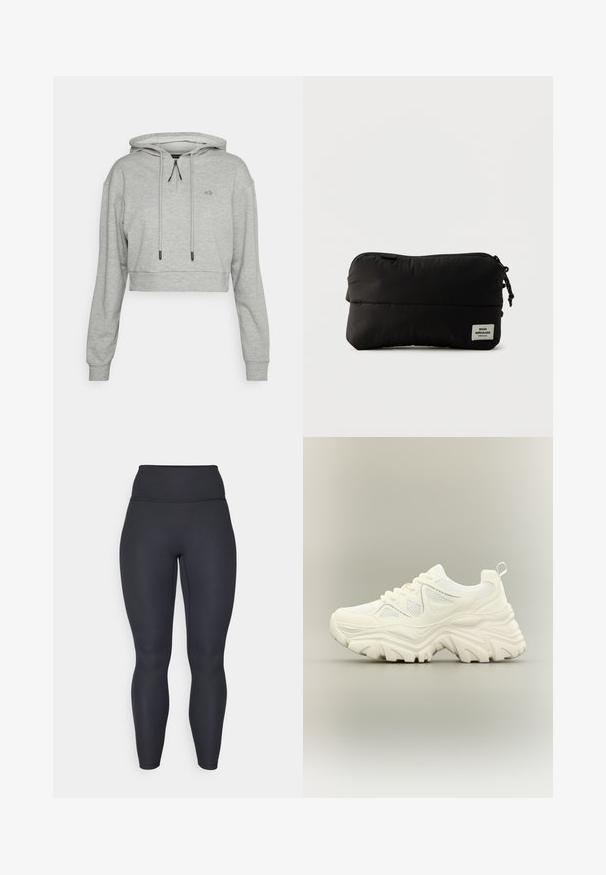 Even&Odd active by Zalando Sweat à capuche - grey; Leggings noires côtelées taille haute avec un design ajusté, une texture lisse et une coupe longue. Dotés d'une ceinture large pour un meilleur maintien.; Baskets blanches épaisses avec semelle texturée épaisse, panneaux en mesh, laçage à l'avant et languette au talon sur un fond neutre.; Trousse zippée rectangulaire noire avec une étiquette logo en tissu indiquant « Mads Nørgaard Copenhagen » en bas à droite.