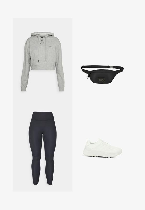 Even&Odd active by Zalando Hoodie - grey; Hoge taille, zwarte geribde legging met een aansluitend ontwerp, gladde textuur en volledige lengte. Voorzien van een brede tailleband voor extra ondersteuning.; Witte sportschoen met een gestructureerde bovenkant en meshpanelen, vetersluiting, gevoerde zool en subtiele branding op de hiel.; Zwarte heuptas van soepel, waterafstotend materiaal, met een rechthoekig lichaam, verstelbare schouderband en een logo-opdruk aan de voorkant.