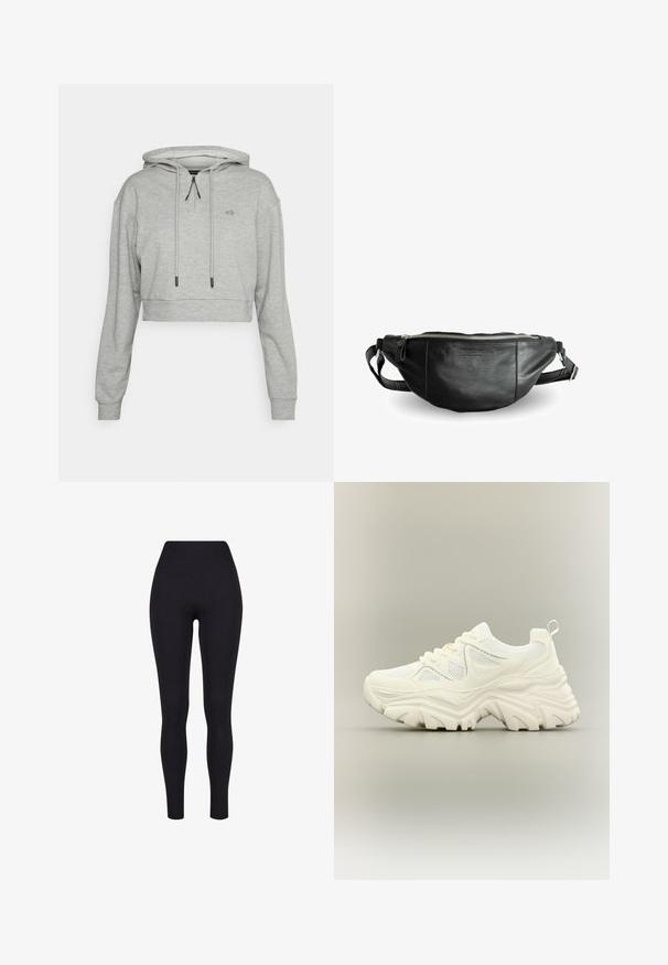 Even&Odd active by Zalando Φούτερ με κουκούλα - grey; Μαύρο κολάν ψηλής μέσης, κατασκευασμένο από ελαστικό ύφασμα, με λείες υφές και εφαρμοστή σχεδίαση χωρίς ορατές ραφές ή μοτίβα.; Λευκό chunky αθλητικό παπούτσι με παχύ υφασμάτινο πέλμα, πάνελ από δίχτυ, κορδόνια μπροστά και θηλιά στο πίσω μέρος σε ουδέτερο φόντο.; Still Nordic BASIC - Τσαντάκι μέσης - black