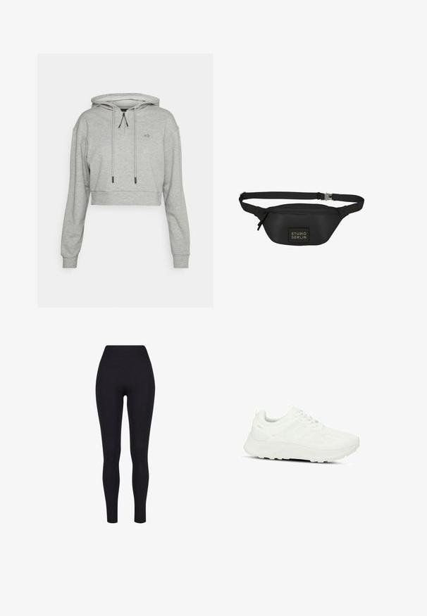Even&Odd active by Zalando Hættetrøje - grey; Sorte højtaljerede leggings, lavet af strækbart stof, med en glat tekstur og en tætsiddende design uden synlige sømme eller mønstre.; Hvide atletiske sko med en tekstureret overdel og mesh-paneler, snørebåndsdesign, polstret sål og diskret logo på hælen.; Sort bæltetaske lavet af glat, vandafvisende materiale, med en rektangulær form, justerbar rem og en frontlogo-patch.