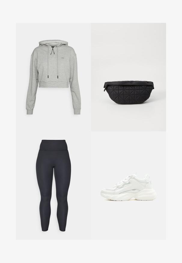 Even&Odd active Hættetrøje - grey; Høj taljede sorte ribbede leggings med en tætsiddende design, glat tekstur og fuldlængde pasform. Har en bred talje for støtte.; Hvid chunky sneaker med tyk sål, snørelukning foran og glat syntetisk overdel med subtile syningsdetaljer.; Sort quiltet taske med en blød, polstret tekstur og et vinkelret diamantmønster, med en buet silhuet og lynlåslukning.