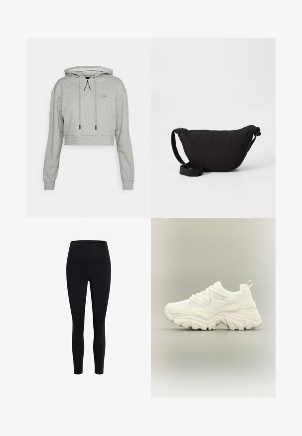 Even&Odd active by Zalando Hættetrøje - grey; Girlfriend Collective FLOAT HIGH RISE LEGGING 7/8 - Tights - black; Hvid chunky sneaker med tyk tekstureret sål, mesh paneler, snørelukning foran og trækstrop ved hælen på en neutral baggrund.; Sort hobo taske lavet af blødt stof, med en buet form, lynlåslukning og en bred justerbar rem. Glat tekstur uden mønstre.