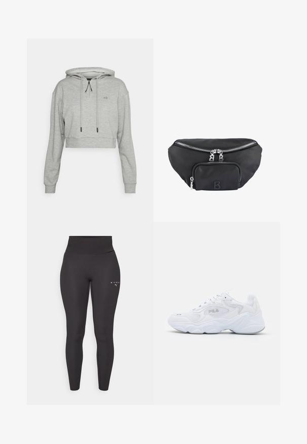 Even&Odd active by Zalando Hoodie - grey; Zwarte sportleggings van rekbaar materiaal, met een hoge tailleband en subtiele logo-opdruk aan de linkerpijp. Gladde textuur.; Witte sportschoen met een gemêleerde mesh bovenzijde, gewatteerde kraag en dikke zool. Voorzien van een logo op de zijkant en vetersluiting.; Zwarte nylon heuprugzak met een hoofdvak met rits en een voorvak, voorzien van zilveren ritsen en een verhoogd logo met de letter "B".