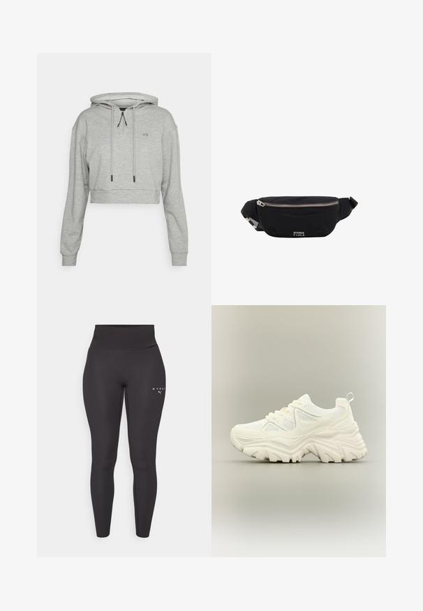 Even&Odd active Jersey con capucha - grey; Leggings atléticos negros hechos de material elástico, con una cinturilla alta y un discreto detalle de logo en la pierna izquierda. Textura suave.; Zapatilla blanca gruesa con suela gruesa y texturizada, paneles de malla, cierre de cordones en la parte delantera y tira en el talón sobre un fondo neutro.; Riñonera de tela negra con cremallera plateada y correa ajustable, con pequeño logo blanco "Bimba y Lola" en el frente.