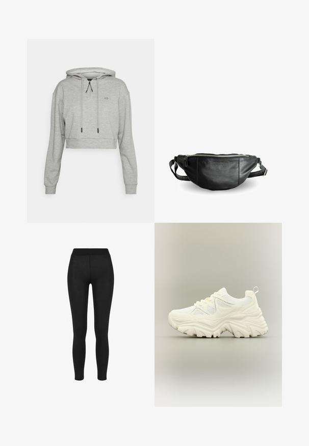 Even&Odd active Sweat à capuche - grey; Leggings noirs en tissu lisse, avec une taille haute, une coupe moulante et sans coutures visibles, adaptés pour un usage décontracté ou actif.; Baskets blanches épaisses avec semelle texturée épaisse, panneaux en mesh, laçage à l'avant et languette au talon sur un fond neutre.; Still Nordic BASIC - Sac banane - black