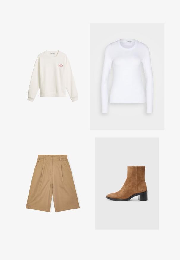 Valkoinen pitkähihainen collegepaita pyöreällä kaula-aukkolla ja pienellä punaisella hummerikuvalla vasemmassa rinnassa.; Selected SLFDIANNA O NECK - Pitkähihainen paita - bright white; Beige puuvillahousut, joissa on rento malli, ja jotka sisältävät laskoksia, napin kiinnityksen ja sivutaskut. Silkkinen rakenne ja polvenpituinen muotoilu.; Ruskoharmaat nilkkurit, joissa on terävä kärki, keskikorkea blokkikorko ja hienovarainen kohokuvioitu logo. Vetoketjukiinnitys sivussa.