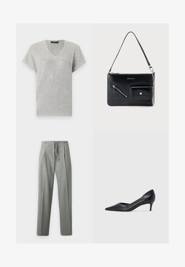 Pull à col en V argenté à manches courtes avec un motif tricoté texturé scintillant et une coupe décontractée.; Pantalon gris sur mesure avec plis, poches latérales, passants pour ceinture et fermeture à cordon à l'avant, présenté sur un fond blanc.; Escarpin en cuir noir avec un bout pointu et un talon bas. Présente une texture lisse et un éclat subtil. Découpe ouverte à l'avant pour un détail supplémentaire.; Sac à bandoulière en cuir noir Michael Kors avec fermeture éclair supérieure, poche avant zippée en diagonale, poche à rabat avec bouton-pression et détail en chaîne argentée.