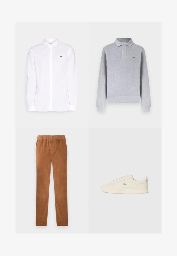 Camiseta polo de manga larga color gris claro con puños acanalados, tres botones en el cuello y un pequeño logo de un cocodrilo verde en el pecho izquierdo.; Camisa blanca de manga larga hecha de algodón, que presenta un collar tipo button-down, un logo bordado verde en el lado izquierdo del pecho y puños rectos.; Pantalones de pana marrón con cintura elástica, que cuentan con un cierre de botón. Diseño de pierna recta y tela suave y texturizada.; Zapatilla color crema con textura suave, forma redondeada, diseño de cordones, perforaciones sutiles y un logo plateado en el lateral.