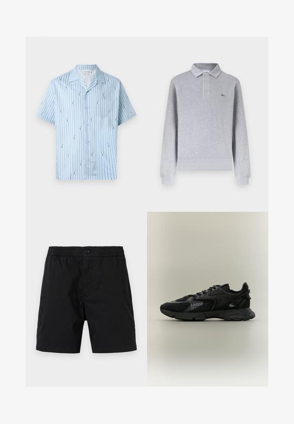 Polo à manches longues gris clair avec poignets côtelés, trois boutons au col et un petit logo crocodile vert sur la poitrine gauche.; Chemise bleu clair à manches courtes avec fines rayures verticales noires et petits logos crocodile répétés, col ouvert et poche avant.; Shorts noirs pour hommes avec taille élastique, fermeture à bouton et longueur mi-cuisse, présentés sur un fond neutre.; Sneaker Lacoste noir avec des panneaux en mesh et en daim, semelle noire, lacets, logo et texte coordonné sur le côté sur fond beige uni.