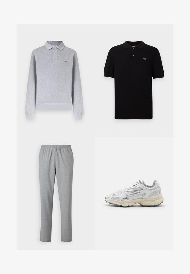 Polo à manches longues gris clair avec poignets côtelés, trois boutons au col et un petit logo crocodile vert sur la poitrine gauche.; Polo noir en tissu tricoté, doté d'un col classique, de trois boutons et d'un logo de crocodile vert sur le côté gauche. Manches courtes.; Pantalons gris légers avec une texture lisse, une taille élastique et une conception à jambes droites. Présentent un motif subtil et fin sur l'ensemble.; Baskets de sport blanches avec des accents gris, tige en maille et synthétique, design à lacets et semelle en caoutchouc texturée avec motifs de traction.