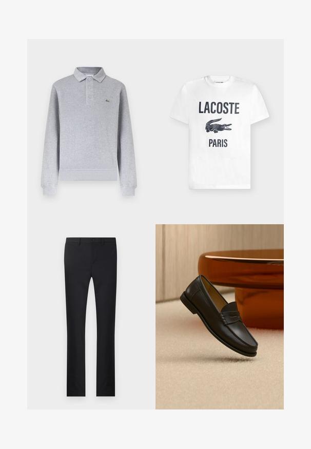 Camiseta polo de manga larga color gris claro con puños acanalados, tres botones en el cuello y un pequeño logo de un cocodrilo verde en el pecho izquierdo.; Camiseta blanca de manga corta con texto negro "LACOSTE", un gran gráfico negro de cocodrilo y texto "PARIS" debajo en la parte delantera.; Pantalones negros con diseño de pierna recta, confeccionados en una tela suave. Presenta bolsillos frontales, cierre de botón y trabillas para cinturón.; Zapato mocasín de cuero negro suspendido sobre una alfombra beige con muebles modernos de color ámbar en el fondo.