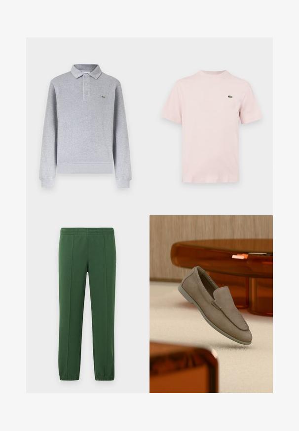 Hellgraues Poloshirt mit langen Ärmeln, gerippten Bündchen, drei Knöpfen am Kragen und einem kleinen grünen Krokodil-Logo auf der linken Brust.; Schlichtes kurzärmeliges T-Shirt in hellem Rosa mit einem kleinen grünen Krokodil-Logo auf der linken Brust, präsentiert vor einem weißen Hintergrund.; Grüne Jogginghose aus weichem Material; mit Gummizugbund, schmal zulaufenden Beinen und einem kleinen Logo an der Seite.; Beiger Wildleder-Slipper mit sichtbarer Naht und heller Sohle, auf einem cremefarbenen Teppich platziert, mit orange-transparenten Möbeln im Hintergrund.