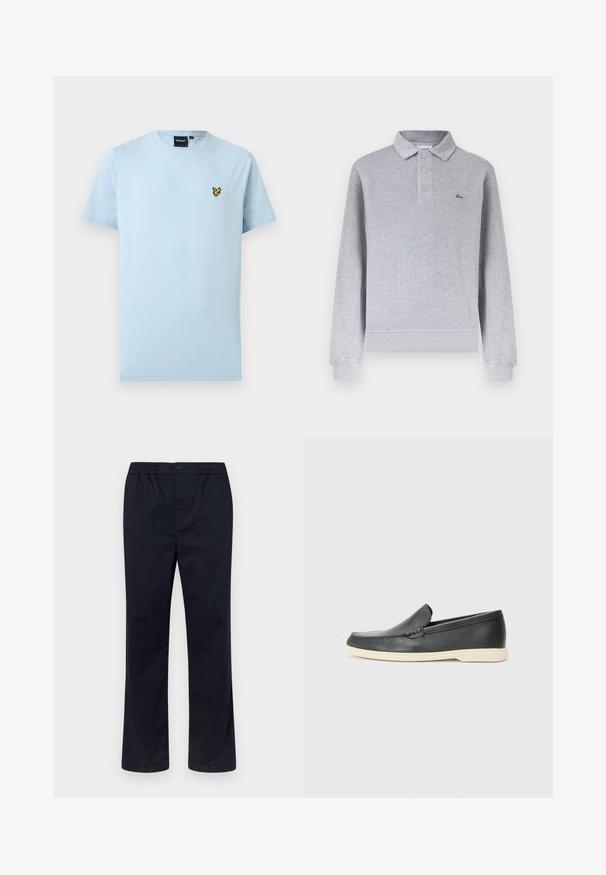 Lysegrå langærmet poloshirt med ribstrikkede manchetter, tre knapper ved kraven og en lille grøn krokodillelogo på venstre bryst.; Lyseblå kortærmet T-shirt med rund hals og lille gul og sort fuglelogo på venstre bryst, ensfarvet design på hvid baggrund.; Herrebukser i marineblå med elastisk talje, knaplukning og lige ben mod en ensfarvet lys baggrund.; Sort læder slip-on loafer med beige sål, placeret i luften nær et metaltrådstativ til magasiner på en terrazzo-gulv.