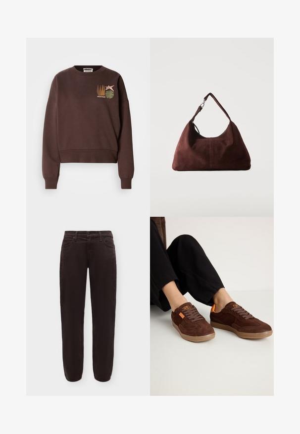 Sweat-shirt court marron avec un col rond. Présente un motif graphique comprenant une étoile, des plantes et des lignes verticales dans des couleurs atténuées.; Pantalon droit marron foncé avec bouton et fermeture éclair à l'avant, passants de ceinture et poches latérales, présenté sur fond blanc.; Baskets en daim marron avec un bout rond, un dessus texturé et des accents orange. Elles présentent des lacets plats et une semelle en caoutchouc.; Sac bandoulière en daim marron doux avec une seule lanière et des accessoires métalliques argentés sur un fond clair uni.