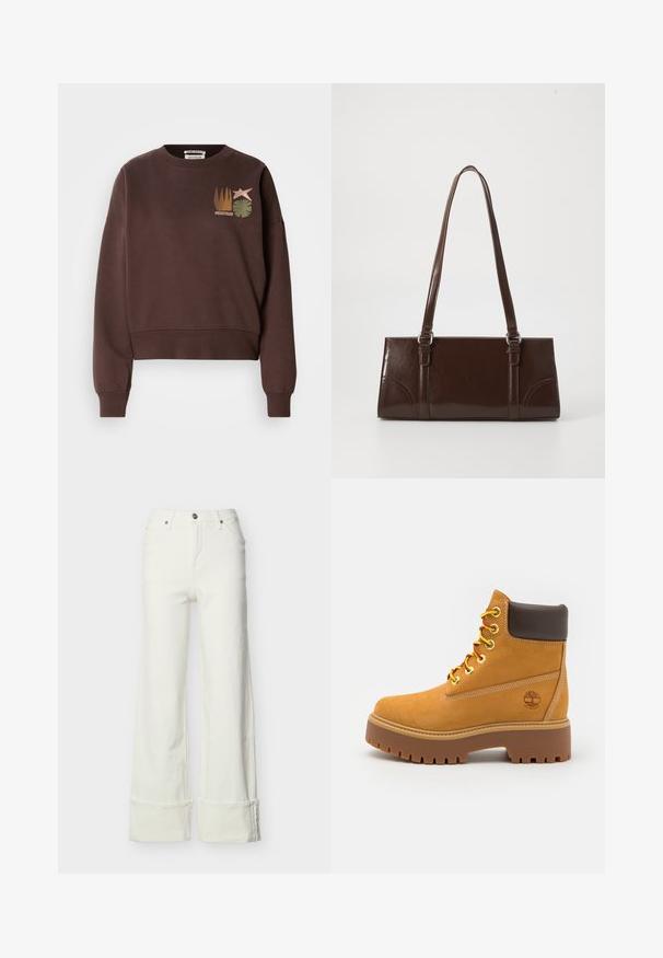 Sweat-shirt court marron avec un col rond. Présente un motif graphique comprenant une étoile, des plantes et des lignes verticales dans des couleurs atténuées.; Jean blanc à jambes larges avec taille haute, bouton et fermeture éclair à l'avant, passants de ceinture, poches avant et arrière, et ourlets repliés.; Bottine chevauchant la cheville en tan imperméable avec une semelle en caoutchouc robuste, un bout rond, un col en cuir brun, des lacets jaunes et un logo sur le côté.; Sac à main en cuir verni marron de forme rectangulaire, avec deux longues poignées et des accents courbés subtils à l'avant.