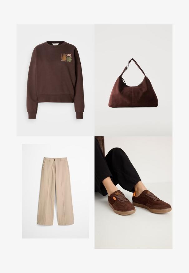Sweat-shirt court marron avec un col rond. Présente un motif graphique comprenant une étoile, des plantes et des lignes verticales dans des couleurs atténuées.; Pantalon beige à jambes larges avec pli frontal, passants pour ceinture, fermeture par bouton et une petite étiquette en tissu sur le côté droit de la ceinture.; Baskets en daim marron avec un bout rond, un dessus texturé et des accents orange. Elles présentent des lacets plats et une semelle en caoutchouc.; Sac bandoulière en daim marron doux avec une seule lanière et des accessoires métalliques argentés sur un fond clair uni.