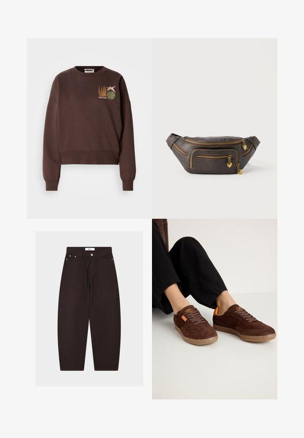 Bruine cropped sweatshirt met een ronde hals. Heeft een grafisch ontwerp met een ster, planten en verticale lijnen in zachte kleuren.; Zwarte broek met wijde pijpen, vooraan met knoop, riemlussen, tunnelkoord in de taille en voorzakken, getoond op een effen achtergrond.; Bruine suède sneakers met een ronde neus, textuur bovenkant en oranje accenten. Voorzien van platte veters en een rubberen zool.; Donkerbruine leren heuptas met meerdere gouden ritsen, elk voorzien van een klein hartvormig bedelhangertje.