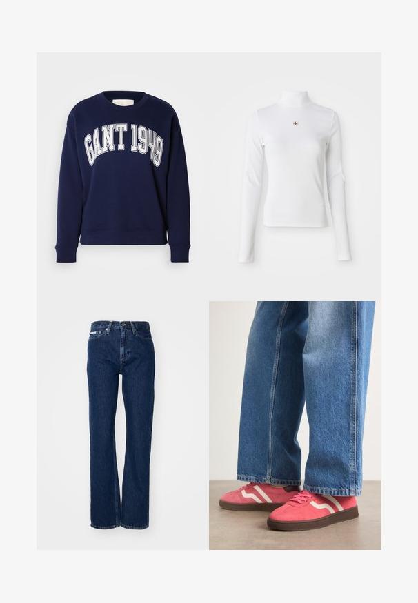 Donkerblauwe sweatshirt van katoen, met een ronde hals en lange mouwen. Op de voorkant staat "GANT 1949" in witte blokletters.; Witte turtleneck met lange mouwen, gemaakt van ribbelstof. Bevat een klein geborduurd logo in het midden. Aansluitend ontwerp zonder patronen.; Donkerblauwe denim jeans met rechte pijpen, knoopsluiting en vijf zakken. De stof heeft een lichte textuur met subtiele stikseldetails.; Roze suède sneakers met witte golvende strepen en bruine rubberen zolen, gecombineerd met lichtblauwe wijde denim jeans.