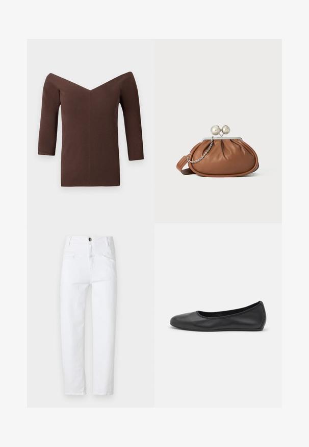 Brun ribbet off-shoulder top med V-hals, med trekvartærmer og en tætsiddende silhuet. Glat struktur hele vejen igennem.; Hvide denim jeans med høj talje, lige snit, to frontlommer og en enkelt baglomme. Har en metalknap og lynlås.; Sort læderballetsko med rund tå, glat tekstur, minimal syning og et fleksibelt såldesign.; Brun læder clutch-pung med sølv kugleklap og en lille sølv kædedetalje på en hvid baggrund.