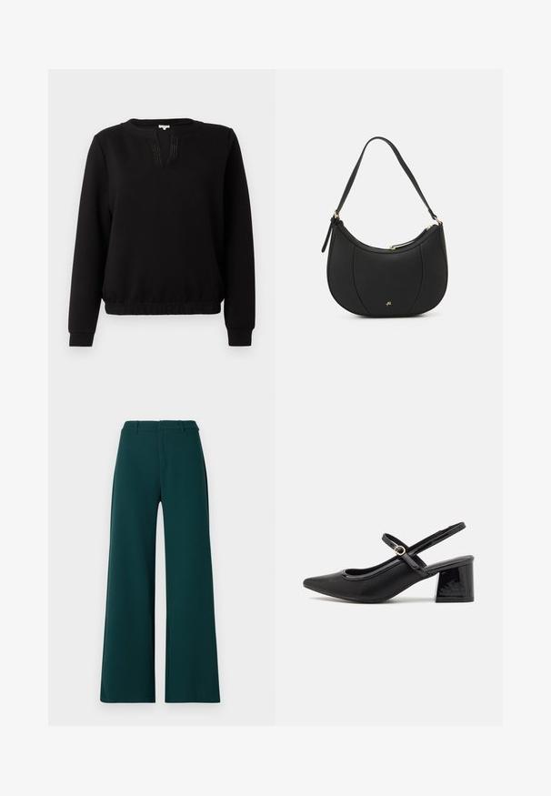 Zwarte sweatshirt met een ronde halslijn, een gedeeltelijke knopenlijst en subtiele lijndetails. Mouwen en zoom zijn aangesloten. Zacht materiaal.; Brede broekspijpen in een donkergroene stof. Heeft een hoge taille, voorplooien en riemlussen. Soepele textuur en op maat gemaakt ontwerp.; Zwarte gepolijste leren slingback hakken met een spitse neus, een ronde uitsnede en een blokhak. Voorzien van een gouden gespaccent.; Zwarte leren handtas met een gebogen vorm, textuuroppervlak, voornaden en een logo in goudkleur. Beschikt over een enkele verstelbare schouderband.