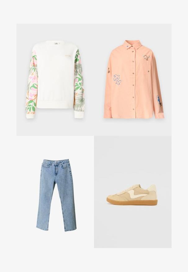 Hvid langærmet sweatshirt med pastel blomsterprint på ærmerne og lille "RIP CURL"-logo på øverste venstre bryst.; Lyse ferskenfarvet langærmet skjorte med knapper, krave, forlomme og broderede motiver, herunder fugle, blomster og stjerner på ærmer og bryst.; Lyseblå denim jeans med lige ben design, fem-lomme stil og en taljebranding. Har lysnede områder for tekstur.; Beige sneakers med ruskind og mesh-materialer, rund form, fremtrædende polstret krave og en gummikondisko. Har et bølge-design som accent.