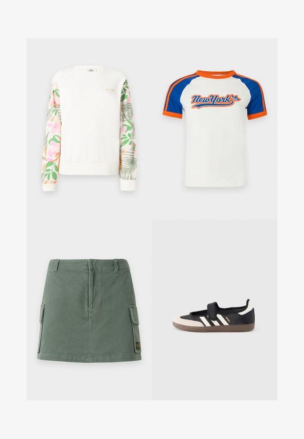 Sweat-shirt blanc à manches longues avec des manches à motif floral pastel et un petit logo "RIP CURL" sur le haut gauche de la poitrine.; T-shirt blanc à manches courtes avec manches raglan bleues et accents orange, arborant un motif "NewYork" en lettres stylisées sur le devant.; Jupe en denim vert avec une taille ajustée, deux poches latérales et une patch sur le bas à droite. Texture lisse avec un léger brillant.; Baskets noires et beiges avec une bride en velcro, trois bandes blanches sur le côté, et une semelle en caoutchouc marron texturée. Logo de la marque visible.