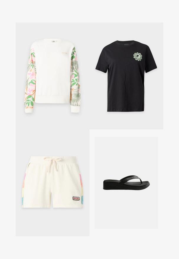 Sweat-shirt blanc à manches longues avec des manches à motif floral pastel et un petit logo "RIP CURL" sur le haut gauche de la poitrine.; T-shirt noir à manches courtes avec un petit symbole yin-yang vert clair entouré d’un motif tourbillonnant sur le haut gauche de la poitrine.; Shorts écru avec cordon de serrage, taille côtelée, poches latérales avec panneaux multicolores et petit logo "Rip Curl" sur la jambe avant droite.; Sandale tongs compensée noire avec semelle texturée et fines lanières arborant un logo discret sur un fond blanc uni.