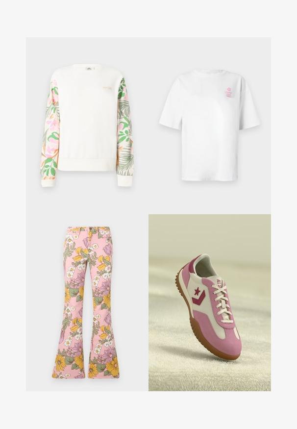 Witte lange mouw trui met pastelgekleurde bloemenpatroon op de mouwen en een klein "RIP CURL" logo op de bovenste linkerborst.; Wit katoenen T-shirt met korte mouwen en ronde hals, met een klein roze "Vacation Club" logo op de linkerborst.; Roze uitlopende broek met een meerkleurig bloemenpatroon met gele, witte, groene en paarse bloemen en bladeren.; Roze en witte sneaker met rubberen, gestructureerde zool. Bevat een sterlogo en contrasterende accenten. Glad bovenwerk met vetersluiting.