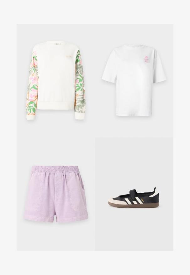 Hvid langærmet sweatshirt med pastel blomsterprint på ærmerne og lille "RIP CURL"-logo på øverste venstre bryst.; Hvid bomuld t-shirt med korte ærmer, rund halsudskæring, med lille lyserødt "Vacation Club" logo på venstre bryst.; Lilla shorts lavet af letvægtsstof med elastisk talje, der har to frontlommer og en afslappet pasform.; Sort og beige sko med velcrolukning, tre hvide striber på siden og en tekstureret brun gummisål. Mærkelogo er synligt.