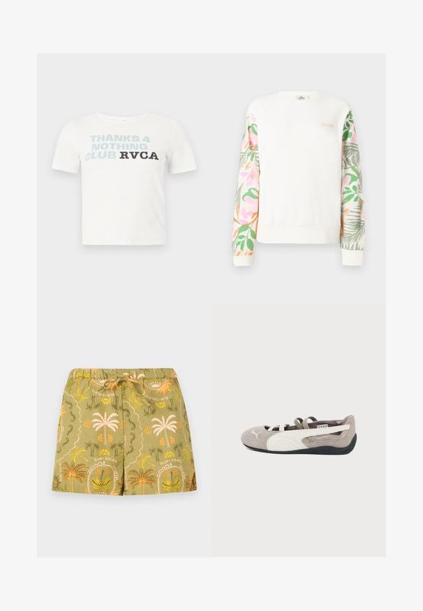 Sweat-shirt blanc à manches longues avec des manches à motif floral pastel et un petit logo "RIP CURL" sur le haut gauche de la poitrine.; T-shirt blanc à manches courtes avec le texte "THANKS 4 NOTHING CLUB RVCA" imprimé sur la poitrine en lettres bleues et noires.; Shorts vert olive avec ceinture élastique et cordon de serrage, ornés de motifs de palmiers et de fleurs orange et jaunes avec les textes "sun" et "soleil".; Ballerine plate en daim brun clair avec logo Puma blanc, bande latérale blanche, sangles élastiques et semelle en caoutchouc noire.