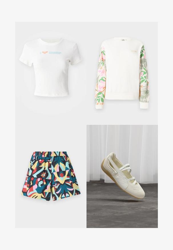 Witte lange mouw trui met pastelgekleurde bloemenpatroon op de mouwen en een klein "RIP CURL" logo op de bovenste linkerborst.; Witte cropped T-shirt van katoen, met een oranje hartje en "SURF" in lichtblauwe print op de voorkant. Korte mouwen, ronde hals.; Meerjarige korte broek met elastische tailleband, voorzien van een gedurfd abstract patroon in zwart, groenblauw, roze, geel en rood.; Off-white Mary Jane stijl schoen met drie bandjes, getextureerde zijkanten en een lichtbruine flexibele zool zwevend boven een grijze vloer.