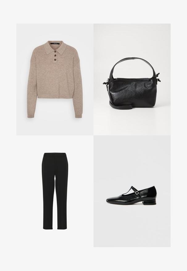 Pull en beige raccourci avec une texture côtelée, un plastron à trois boutons et un col classique. Manches longues, tissu doux et design décontracté.; Pantalons noirs avec une coupe droite, présentant une texture lisse, une taille ajustée et sans ornements ni motifs visibles.; Chaussures Mary Jane en cuir noir avec bout pointu, petit talon carré et bride ajustable avec une boucle argentée. Texture lisse et brillante.; Sac à main en cuir noir au design structuré, avec une poignée arrondie et une bandoulière amovible. Présente une texture lisse et un éclat subtil.